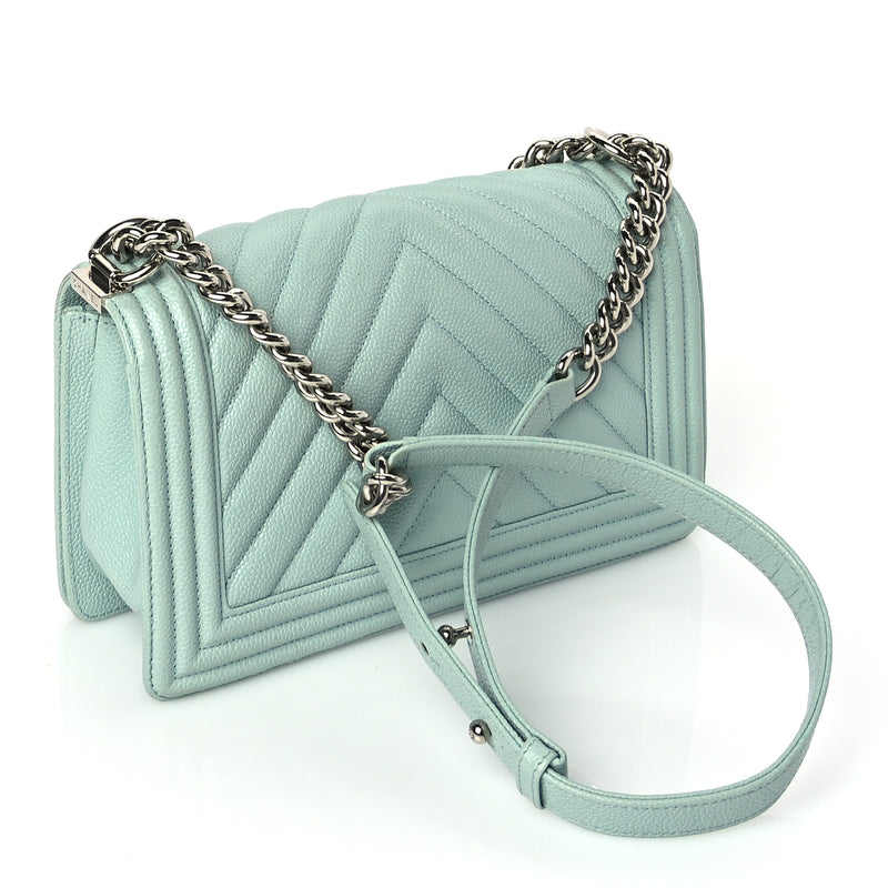  Chanel Caviar Chevron Quilted Medium Boy Flap  Light Blue