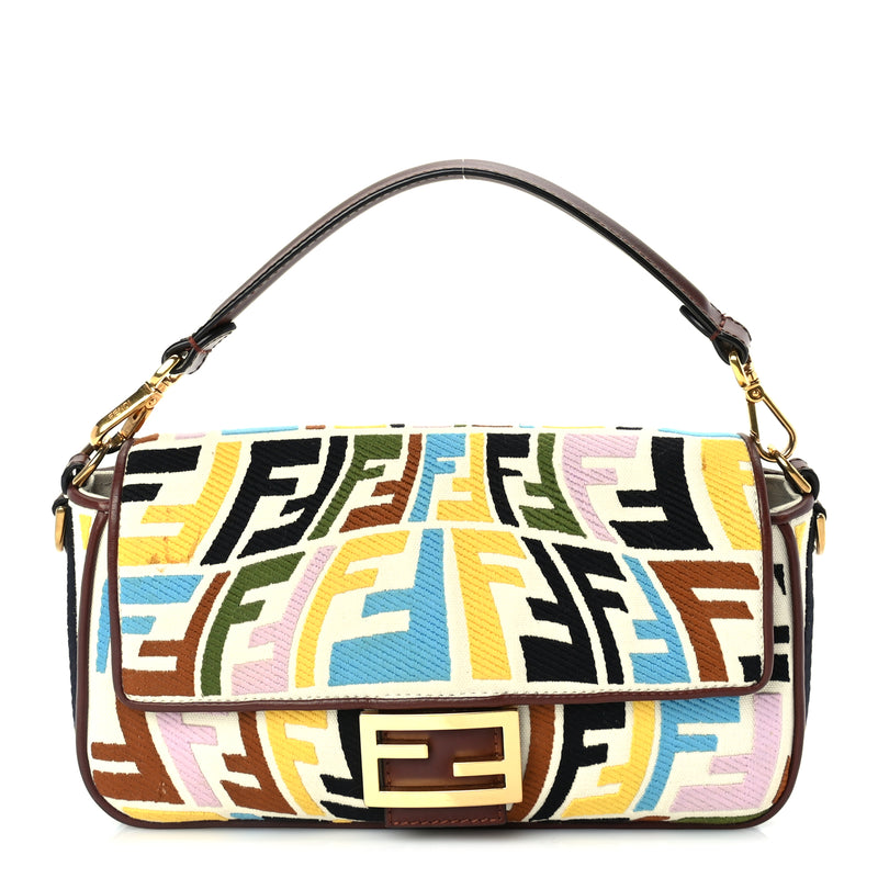  Fendi X SARA COLEMAN Canvas Vitello King Seta FF Fish Eye Embroidered Baguette  Grezzo Multicolor Ghianda
