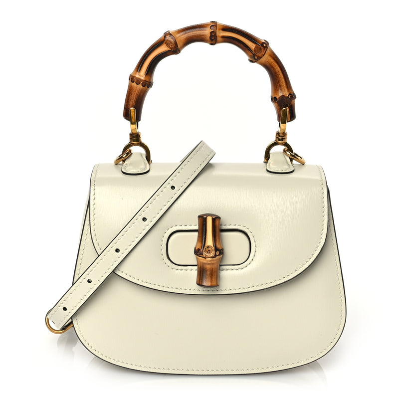 Gucci Boarded Dyana Lux Calfskin Web Mini Bamboo 1947 Top Handle Bag Mystic White