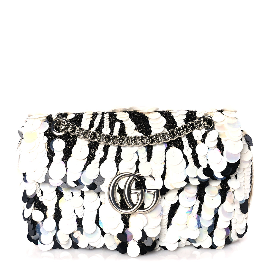 Gucci Satin Sequin Beaded Zebra Small GG Marmont Shoulder Bag  Black White Image 1