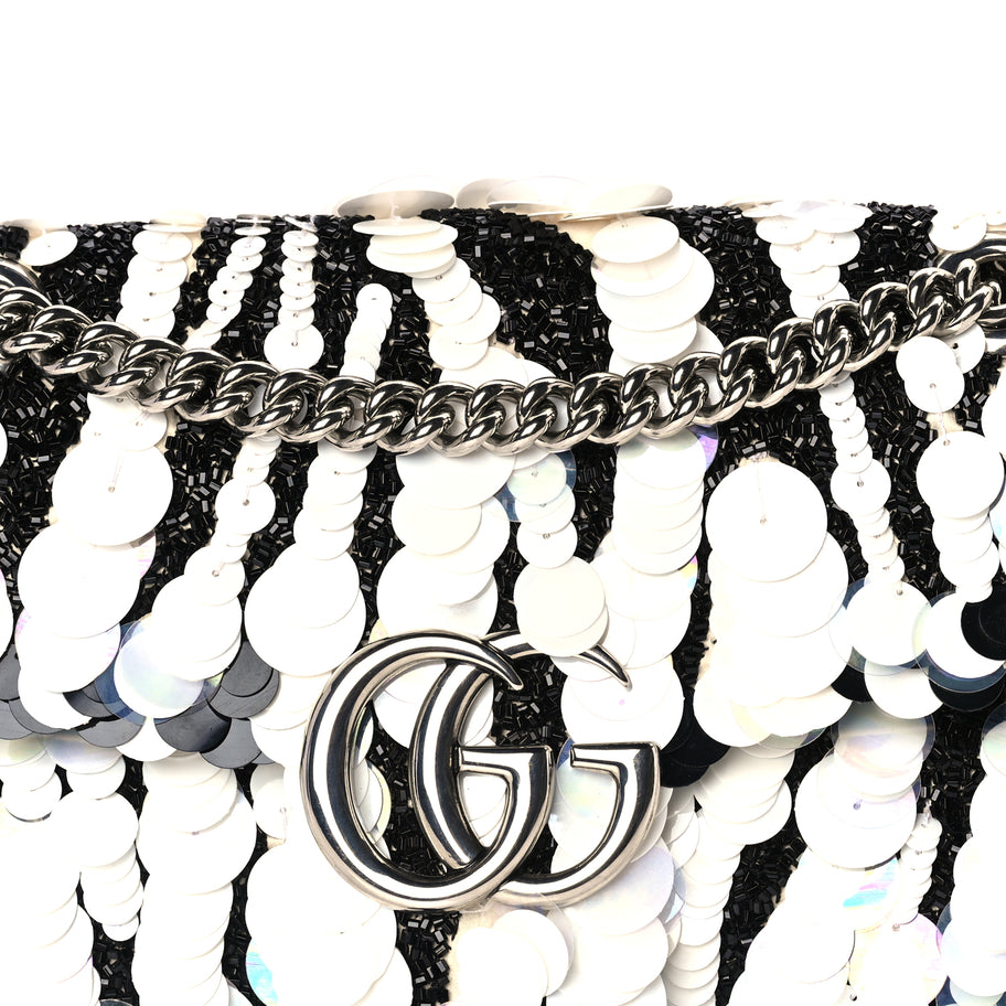 Gucci Satin Sequin Beaded Zebra Small GG Marmont Shoulder Bag  Black White Image 6