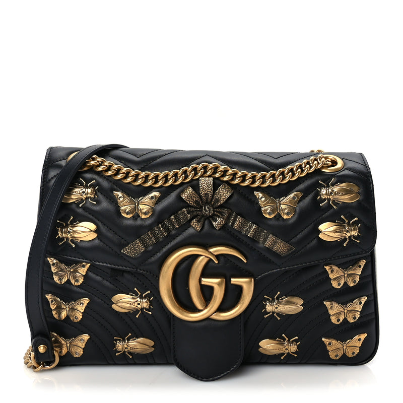  Gucci Calfskin Matelasse Animal Studs Medium GG Marmont Shoulder Bag  Black