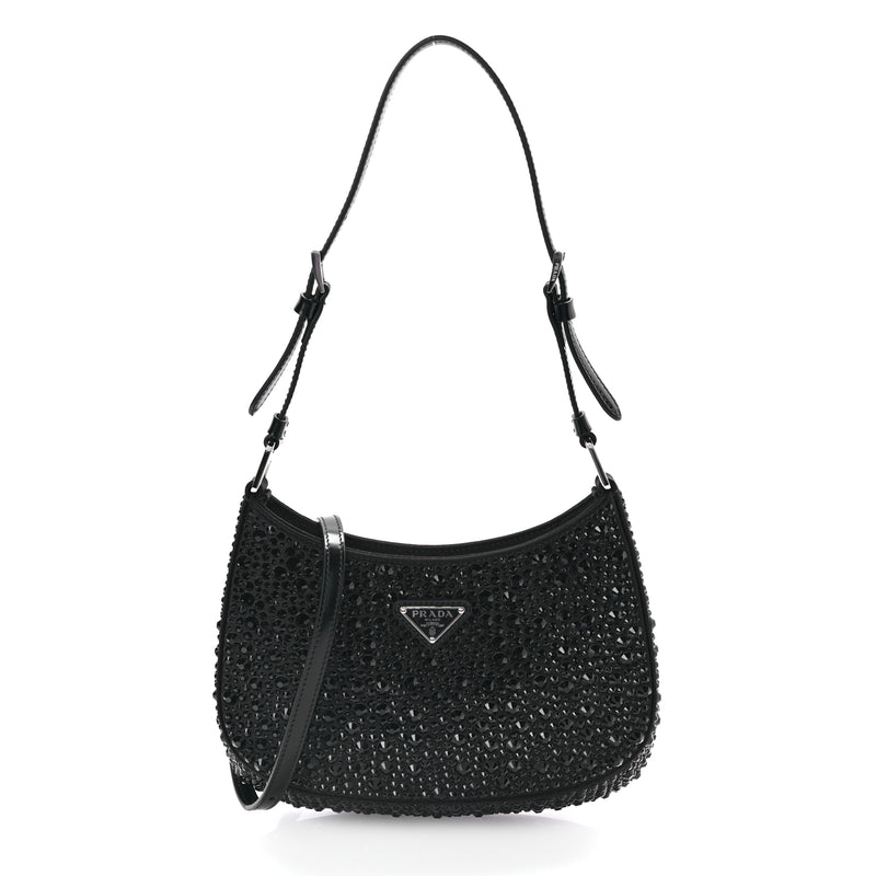  Prada Satin Crystal Cleo Adjustable Strap Shoulder Bag Black