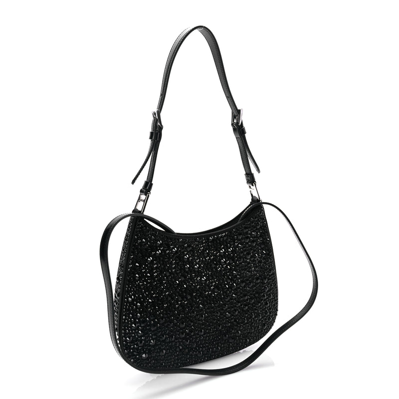  Prada Satin Crystal Cleo Adjustable Strap Shoulder Bag Black