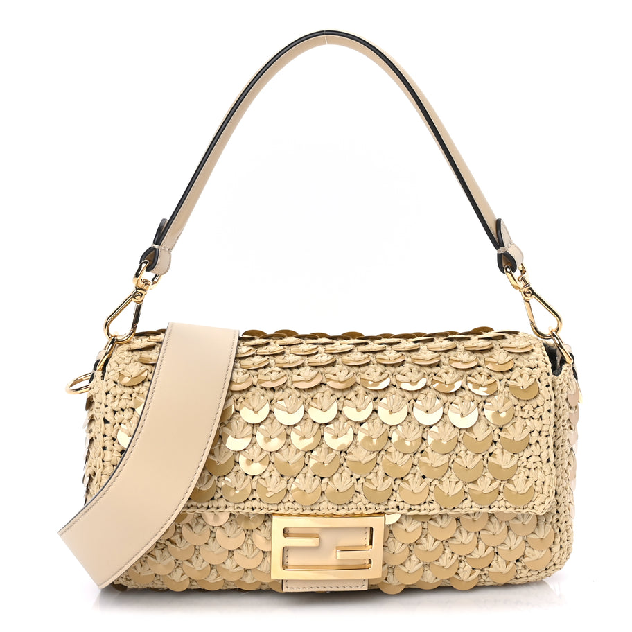 Fendi Sequin Macrame Baguette Beige Gold Image 1