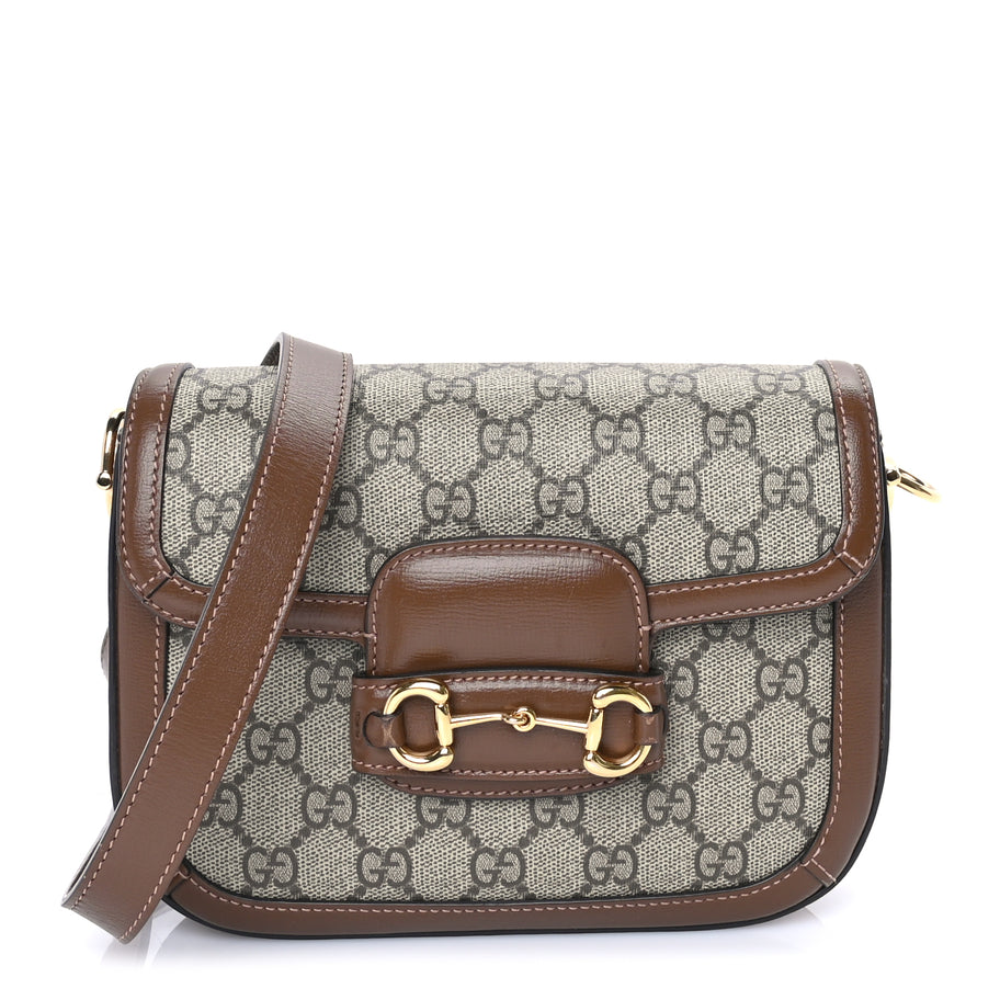 Gucci GG Supreme Monogram Azalea Calfskin Web Mini Horsebit 1955 Shoulder Bag Beige Ebony Brown Sugar Image 1