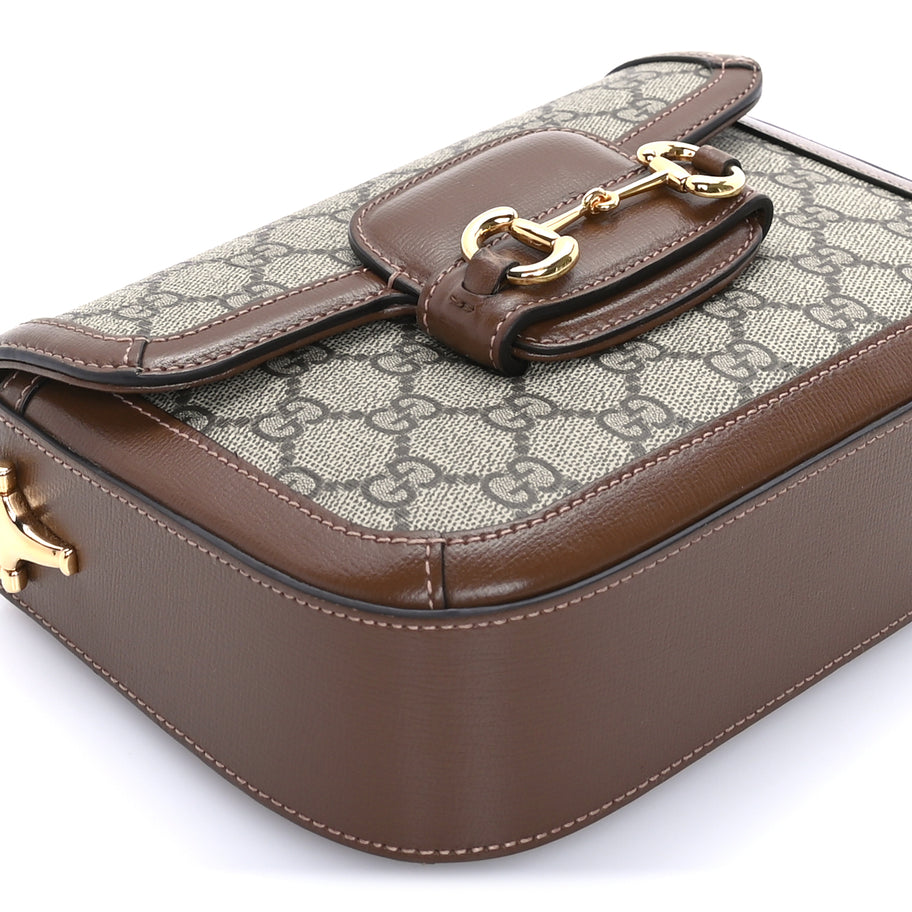 Gucci GG Supreme Monogram Azalea Calfskin Web Mini Horsebit 1955 Shoulder Bag Beige Ebony Brown Sugar Image 7