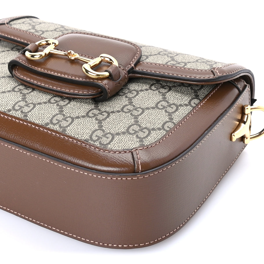 Gucci GG Supreme Monogram Azalea Calfskin Web Mini Horsebit 1955 Shoulder Bag Beige Ebony Brown Sugar Image 8