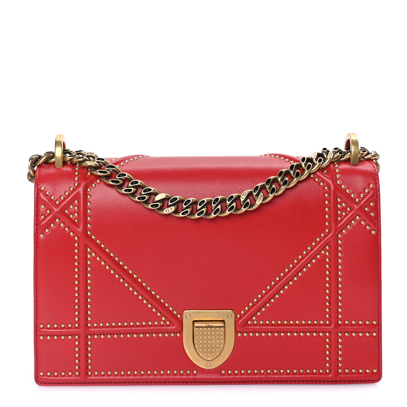  Christian Dior Calfskin Studded Medium Diorama Flap Bag Red Red