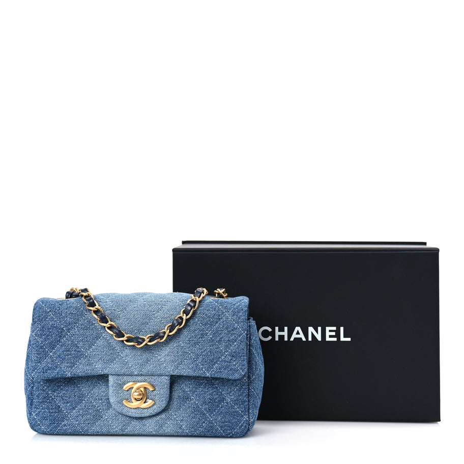 Chanel Washed Denim Quilted Mini Rectangular Flap Blue Image 9