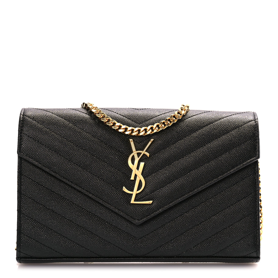 Saint Laurent Grain De Poudre Matelasse Chevron Monogram Chain Wallet Black Image 1