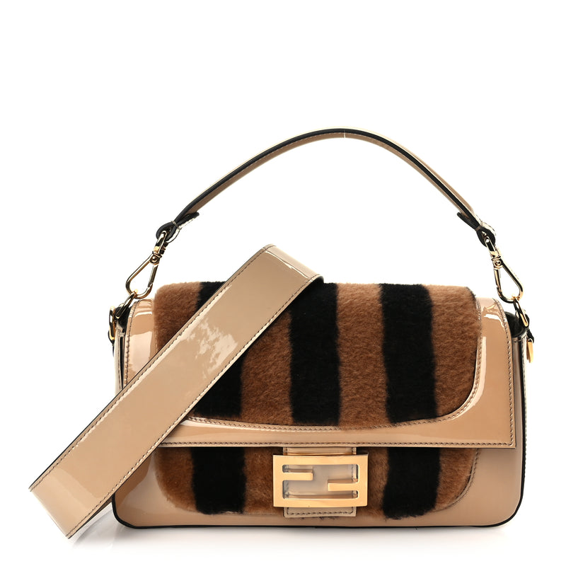  Fendi Shearling Vitello Vernice Mou Pequin Striped Baguette  Tobacco Black Tortora