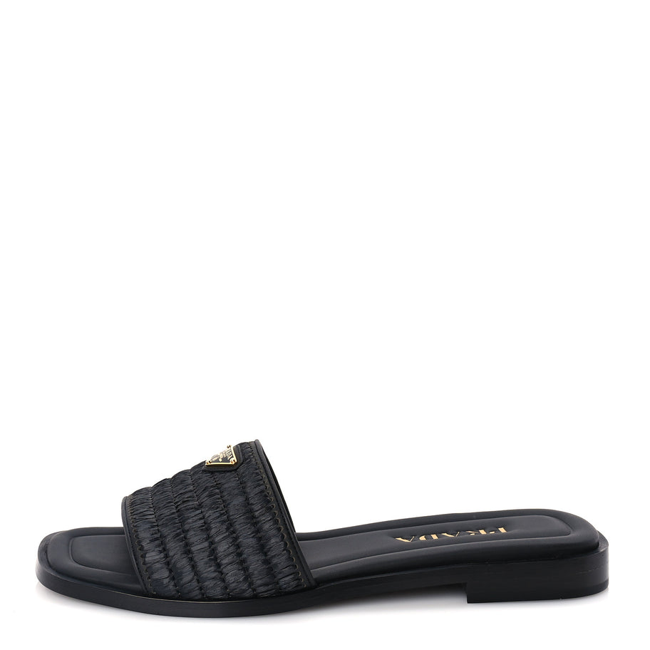 Prada Raffia Metal Triangle Logo 10mm Slide Sandals 39  Black Image 1