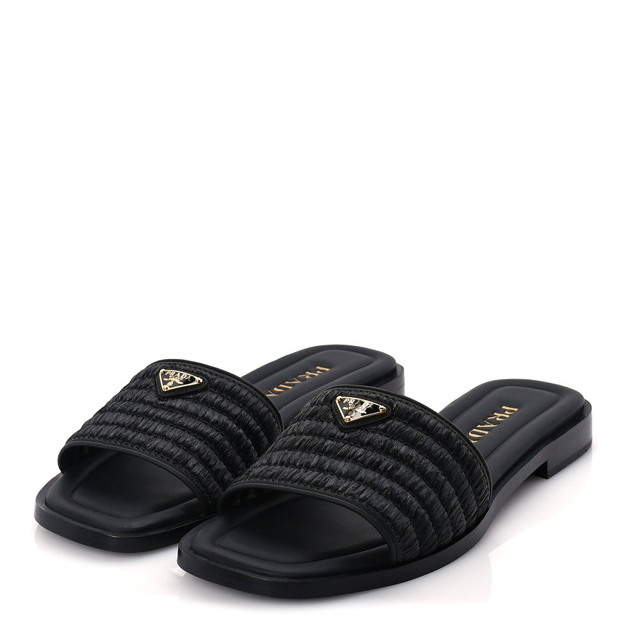 Prada Raffia Metal Triangle Logo 10mm Slide Sandals 39  Black Image 2