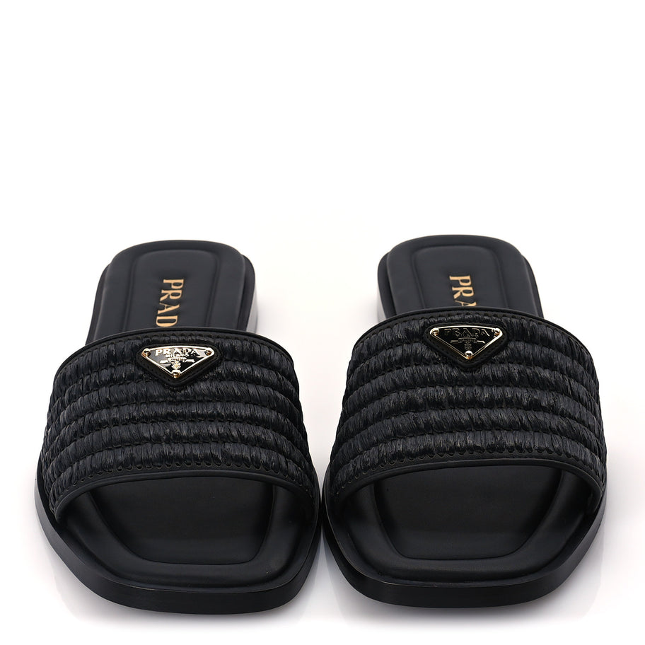 Prada Raffia Metal Triangle Logo 10mm Slide Sandals 39  Black Image 3