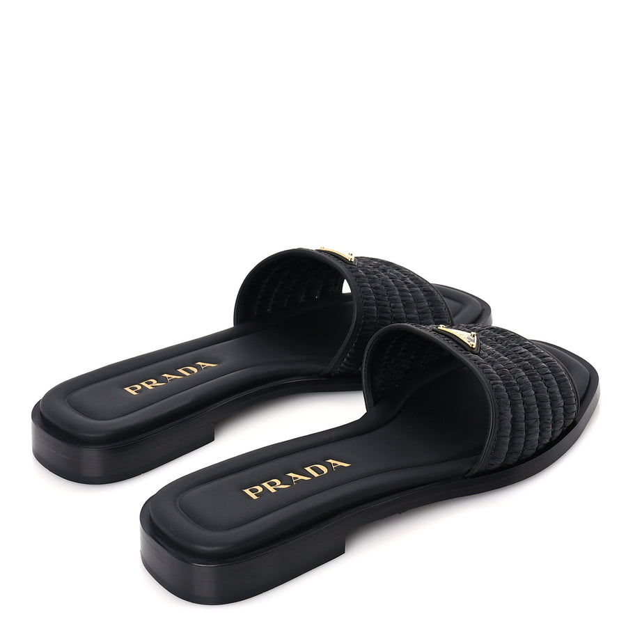 Prada Raffia Metal Triangle Logo 10mm Slide Sandals 39  Black Image 4