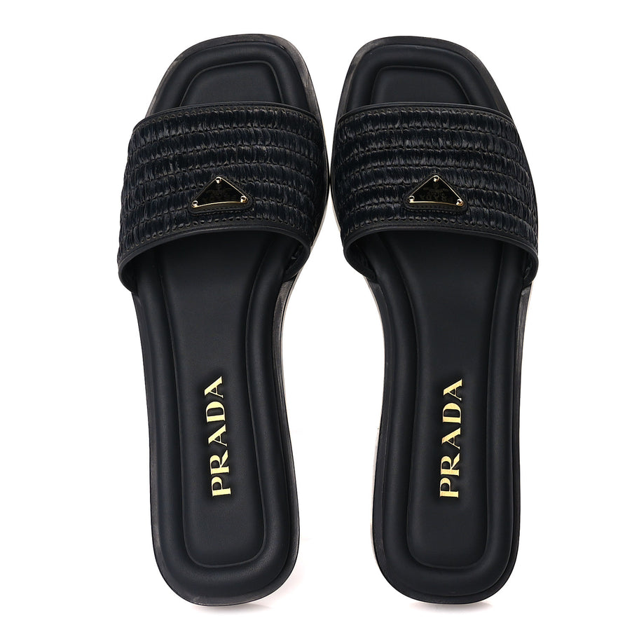 Prada Raffia Metal Triangle Logo 10mm Slide Sandals 39  Black Image 7