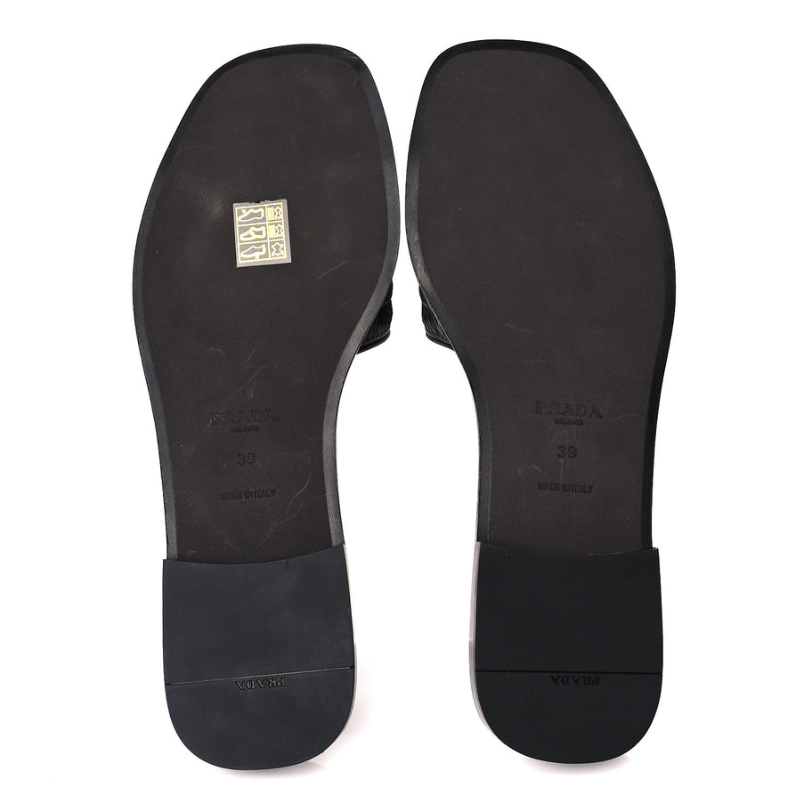 Prada Raffia Metal Triangle Logo 10mm Slide Sandals 39  Black Image 8