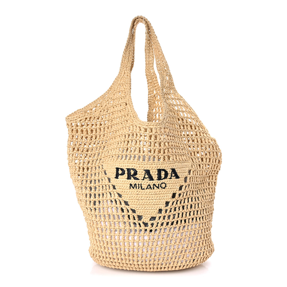Prada Yarn Raffia Effect Crochet Logo Embroidered Shopping Tote Bag Naturale Image 1