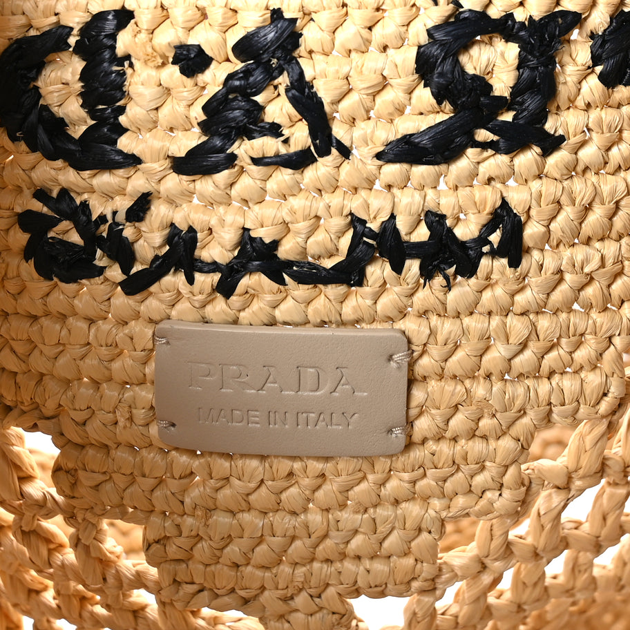 Prada Yarn Raffia Effect Crochet Logo Embroidered Shopping Tote Bag Naturale Image 5