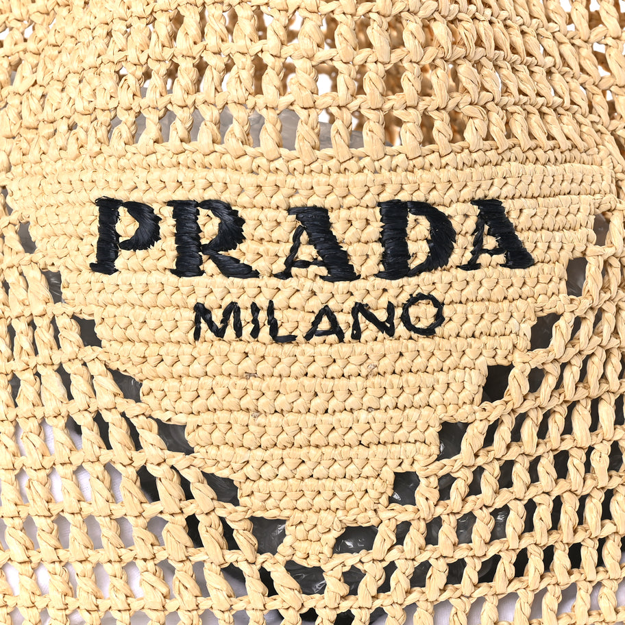 Prada Yarn Raffia Effect Crochet Logo Embroidered Shopping Tote Bag Naturale Image 6