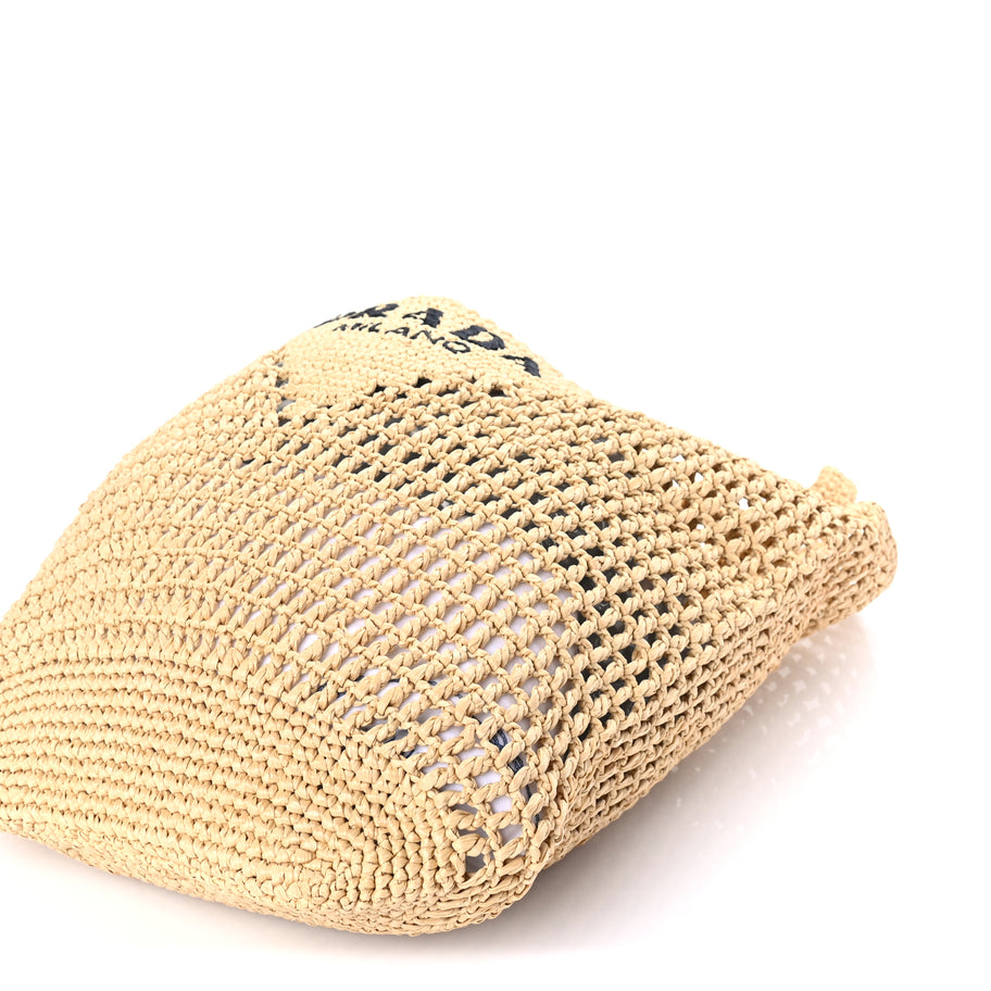 Prada Yarn Raffia Effect Crochet Logo Embroidered Shopping Tote Bag Naturale Image 8