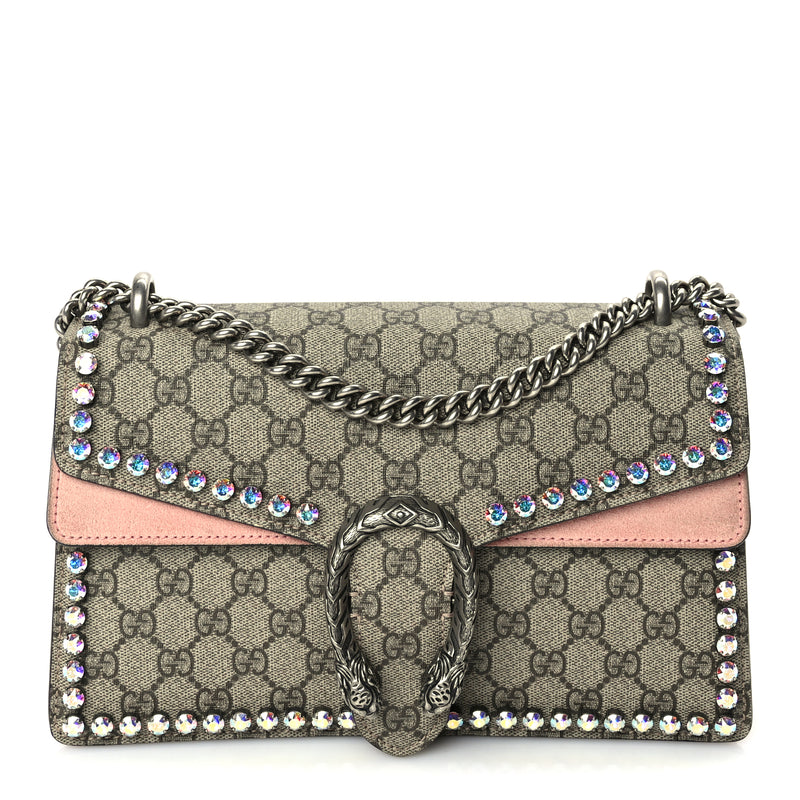  Gucci GG Supreme Monogram Suede Crystal Small Dionysus Shoulder Bag  Beige Ebony Light Peonia