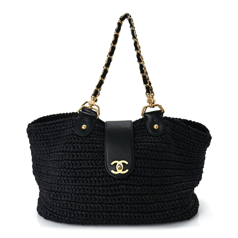  Chanel Straw Raffia Tote Black