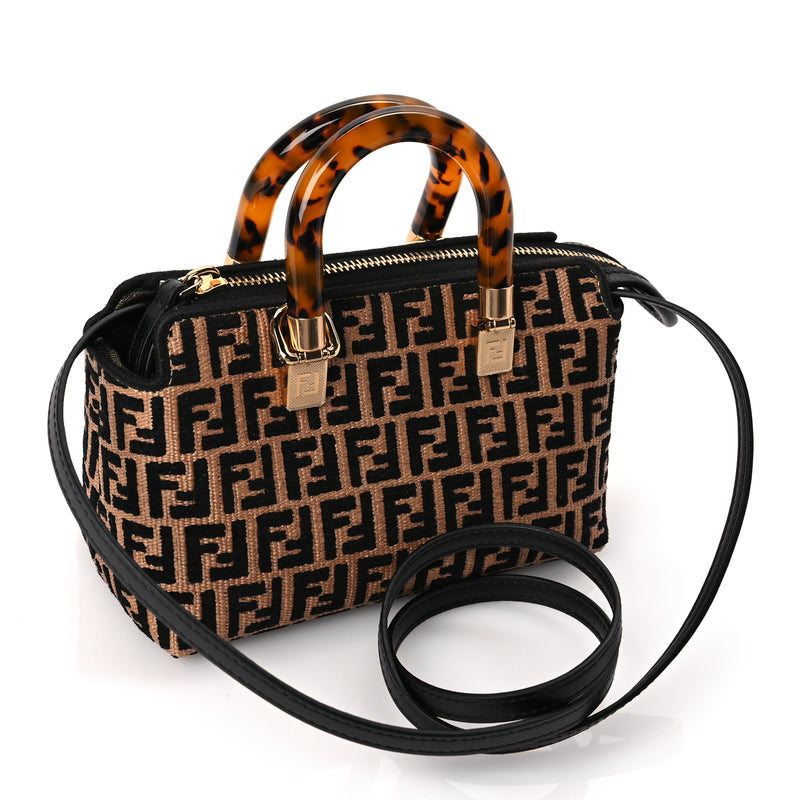  Fendi Raffia Chenille Vitello King Plexiglass Micro FF Mini By The Way Top Handle Boston Bag Naturale Black