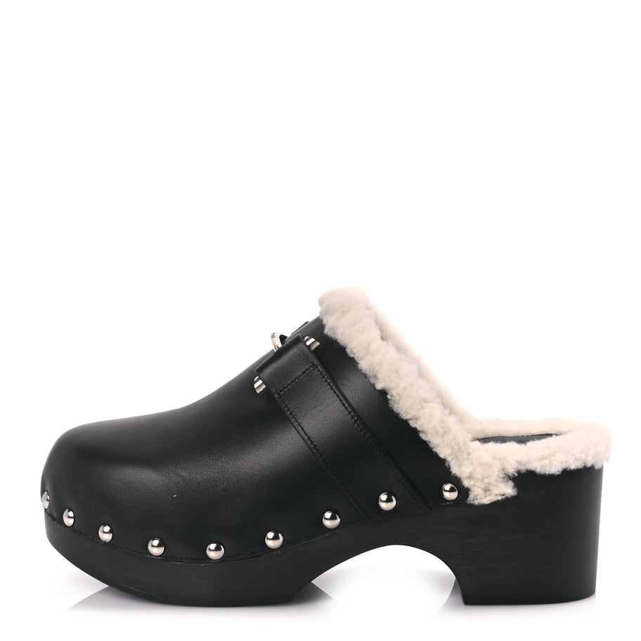 Givenchy Calfskin Shearling Studded Platform Clogs 38 Black Image 1
