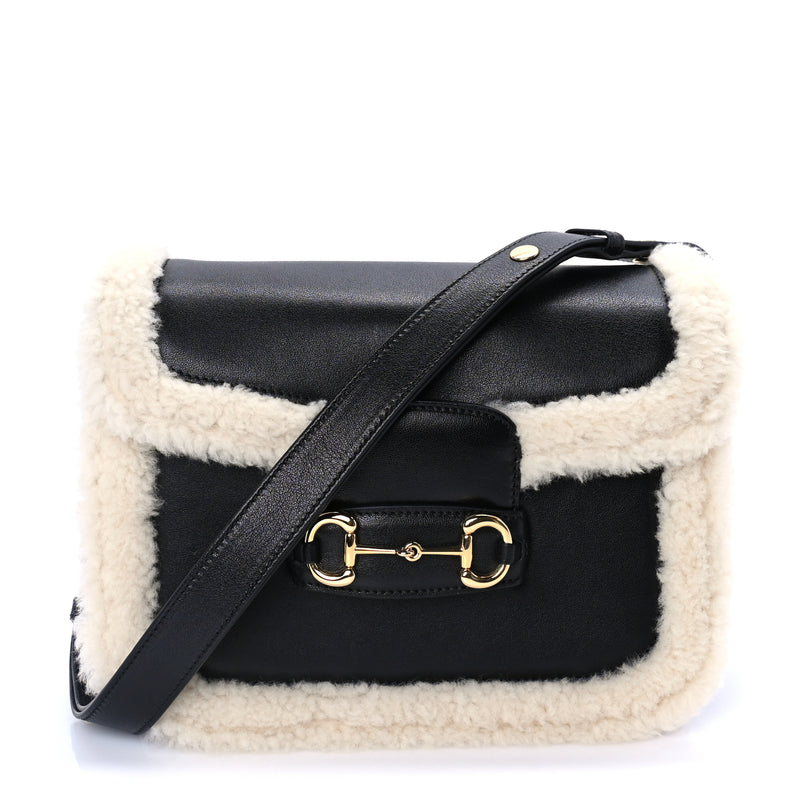  Gucci Sakai Be Green Calfskin Shearling Horsebit 1955 Shoulder Bag Black