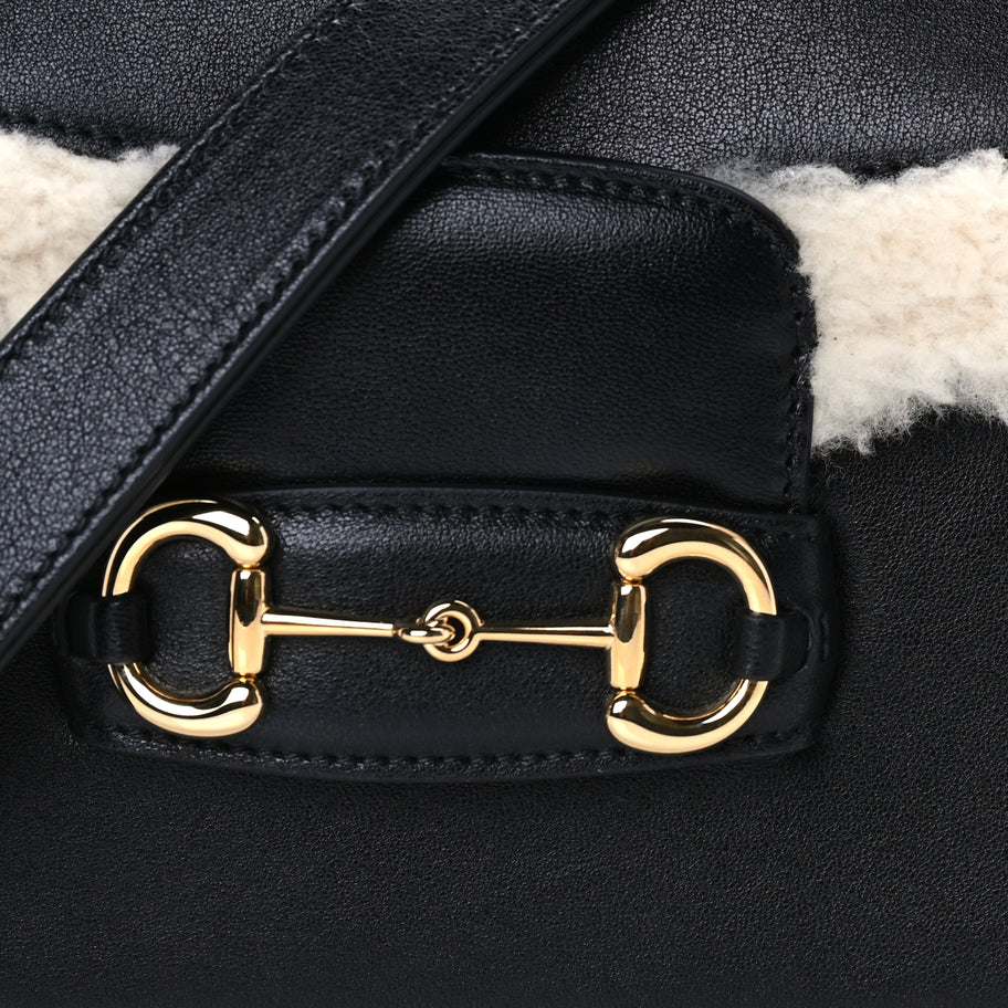 Gucci Sakai Be Green Calfskin Shearling Horsebit 1955 Shoulder Bag Black Image 6