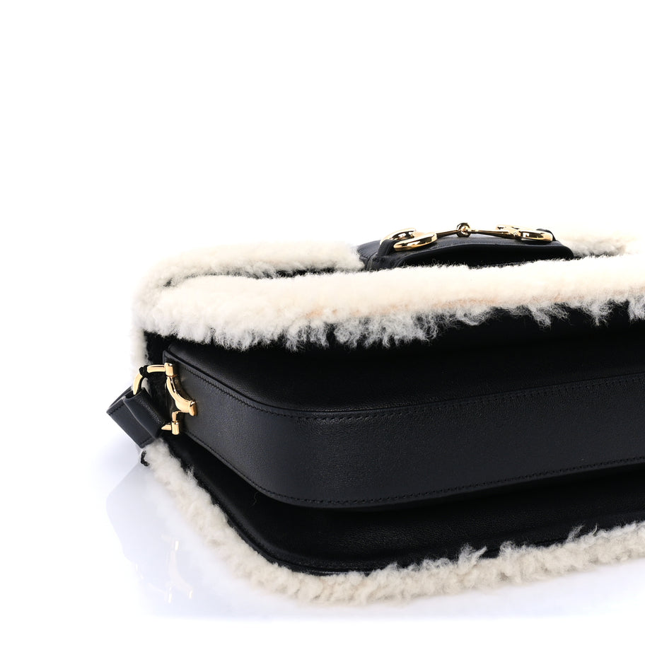 Gucci Sakai Be Green Calfskin Shearling Horsebit 1955 Shoulder Bag Black Image 7