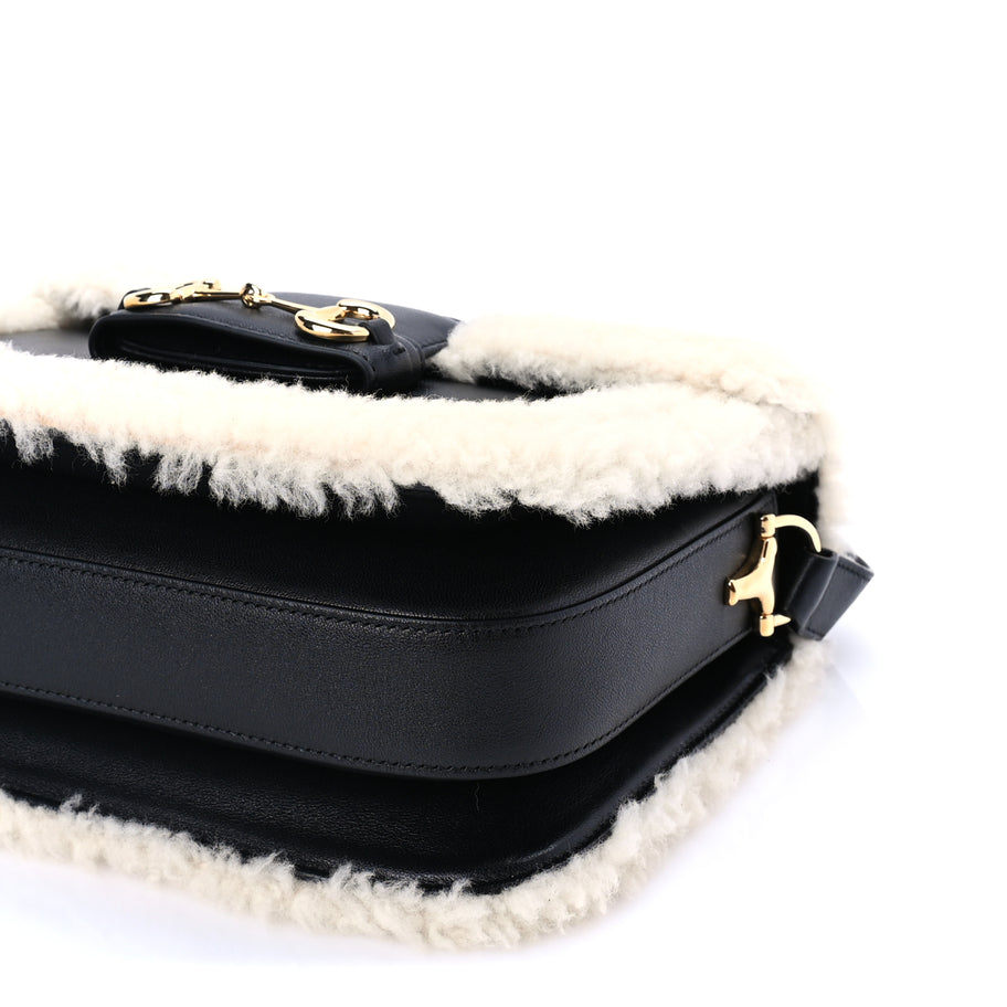 Gucci Sakai Be Green Calfskin Shearling Horsebit 1955 Shoulder Bag Black Image 8