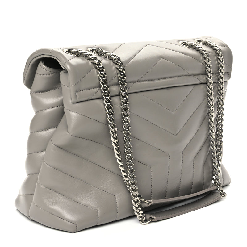 Saint Laurent Calfskin Y Quilted Monogram Medium Loulou Chain Satchel Light Grey