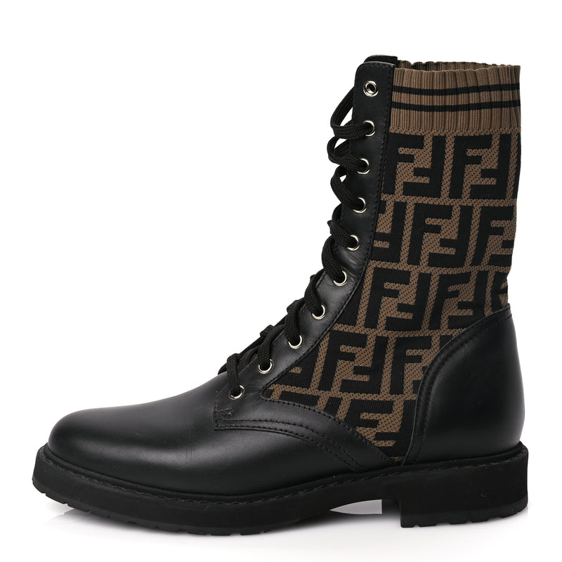  Fendi Calfskin Stretch Fabric FF Rockoko Biker Boots 40.5 Black Tobacco