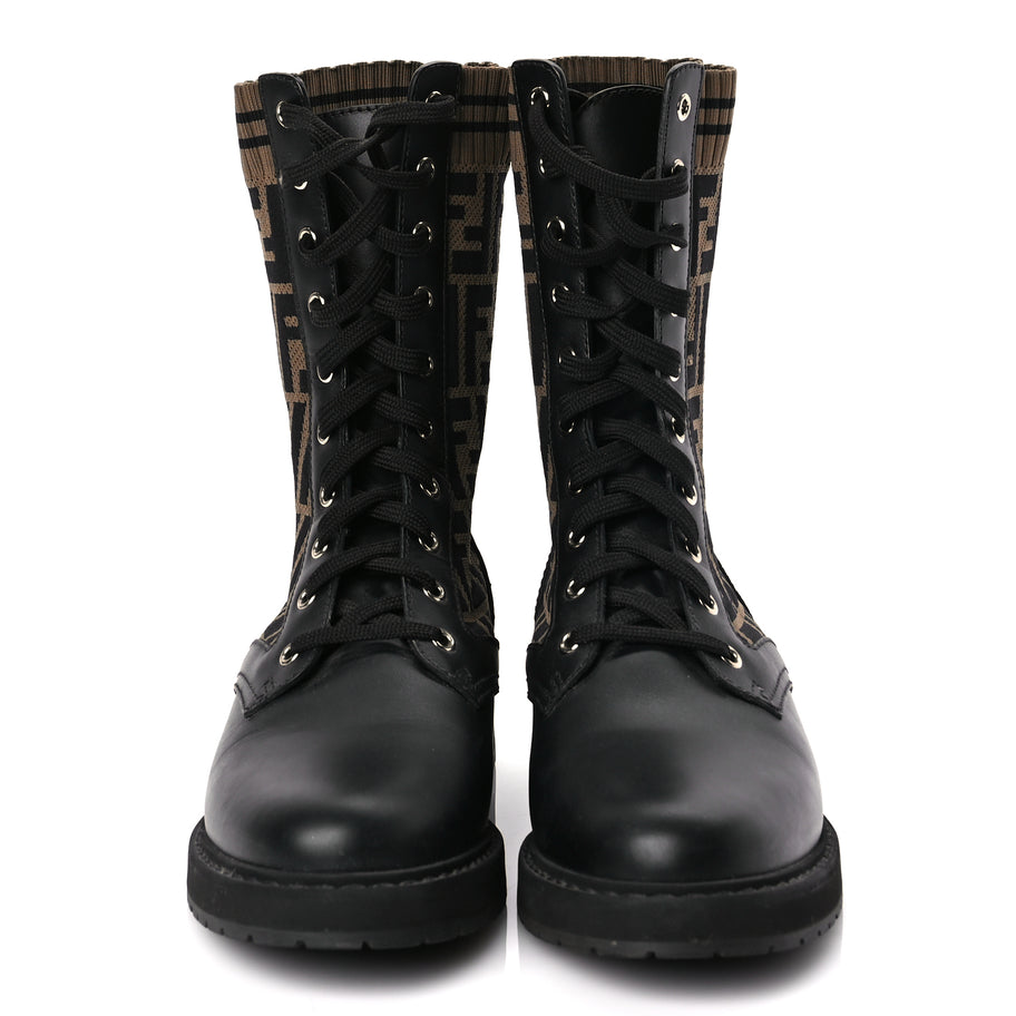 Fendi Calfskin Stretch Fabric FF Rockoko Biker Boots 40.5 Black Tobacco Image 2