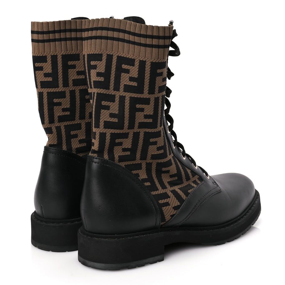 Fendi Calfskin Stretch Fabric FF Rockoko Biker Boots 40.5 Black Tobacco Image 4