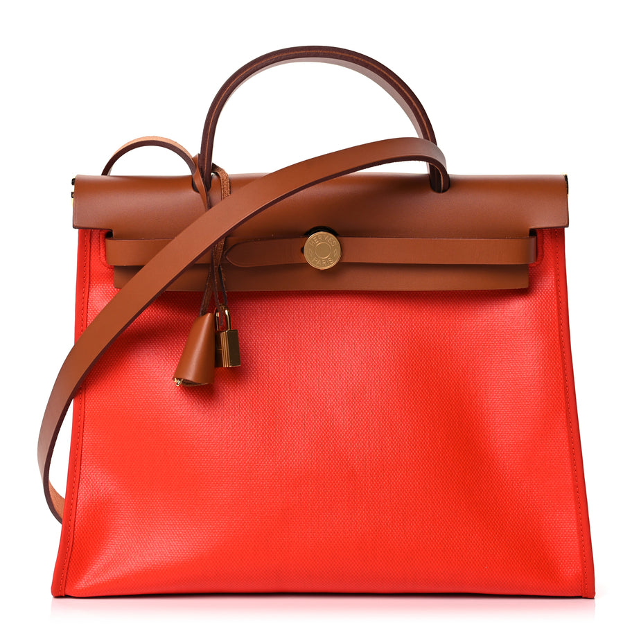 Hermes Toile H Berline Vache Hunter Herbag Zip 31 PM Orange Mecano Fauve Image 1