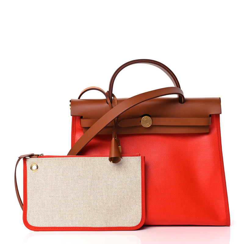  Hermes Toile H Berline Vache Hunter Herbag Zip 31 PM Orange Mecano Fauve