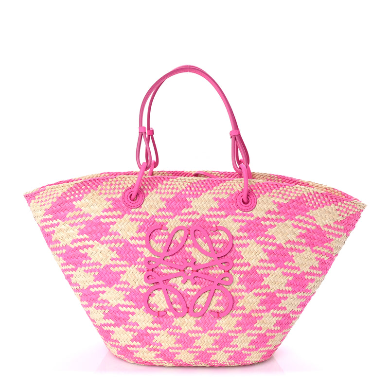  Loewe Iraca Palm Calfskin Paulas Ibiza Medium Anagram Basket Tote Bag Fuchsia