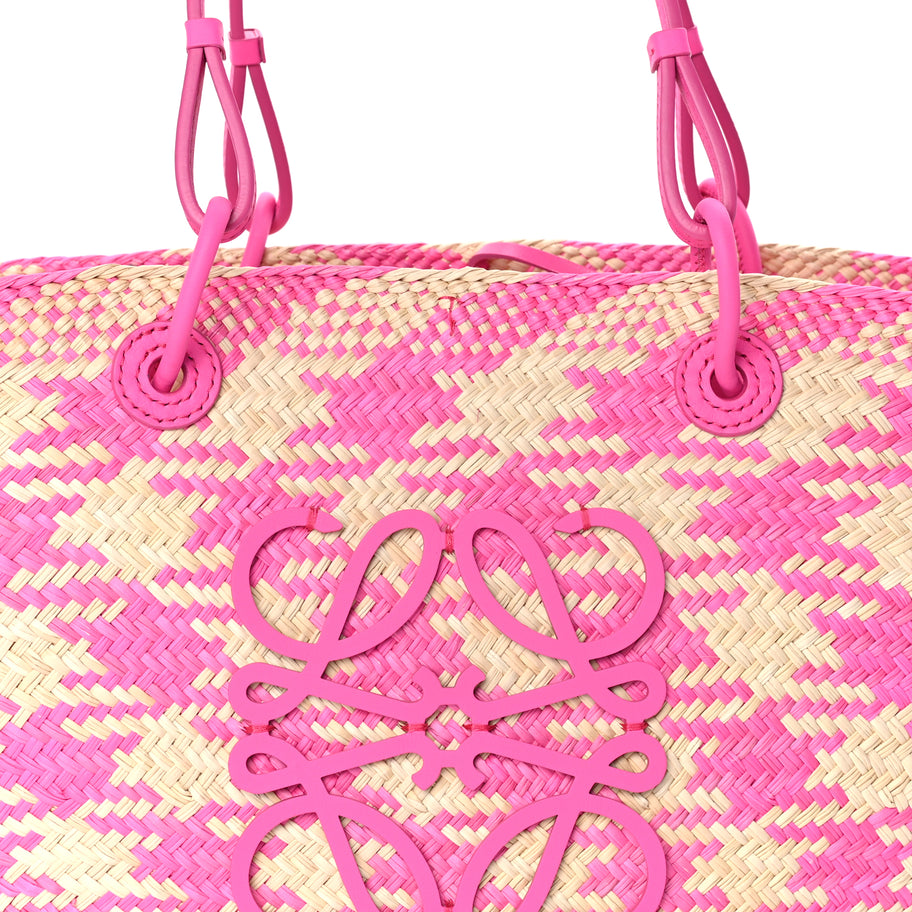 Loewe Iraca Palm Calfskin Paulas Ibiza Medium Anagram Basket Tote Bag Fuchsia Image 6