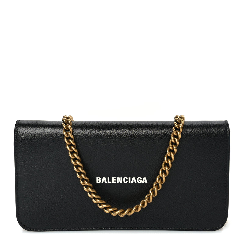  Balenciaga Grained Calfskin Logo Cash Phone Holder Wallet On Chain Black