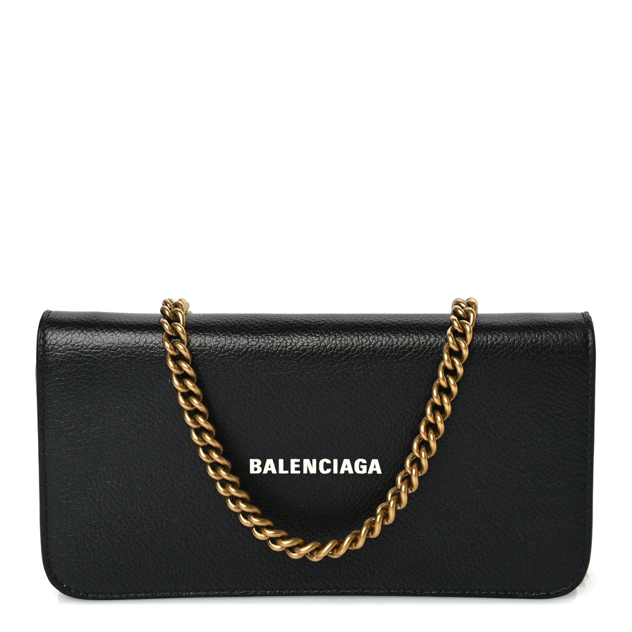 Balenciaga Grained Calfskin Logo Cash Phone Holder Wallet On Chain Black Image 1