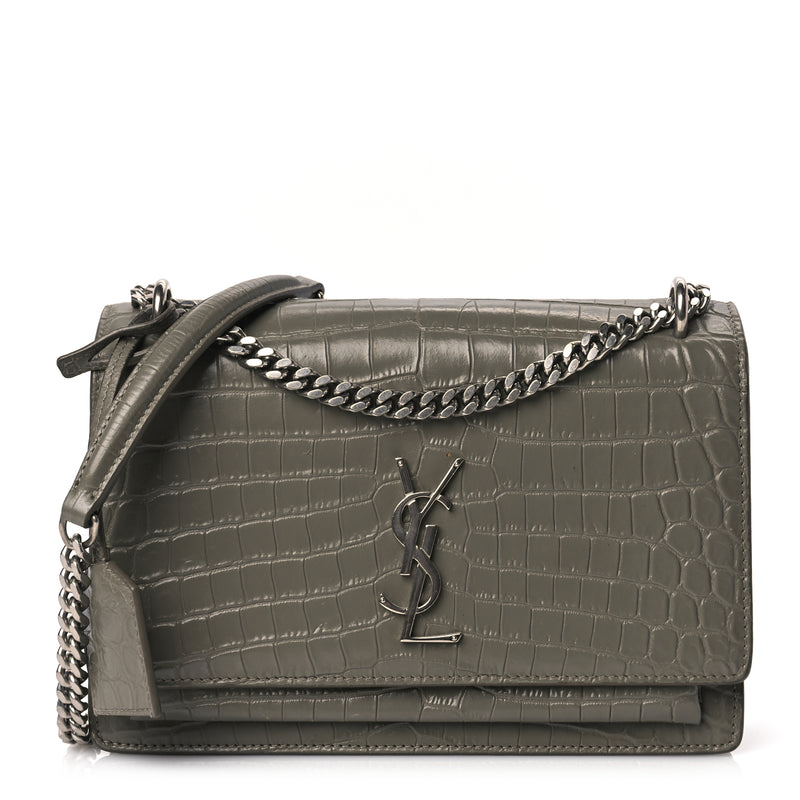  Saint Laurent Calfskin Crocodile Embossed Medium Monogram Sunset Fog
