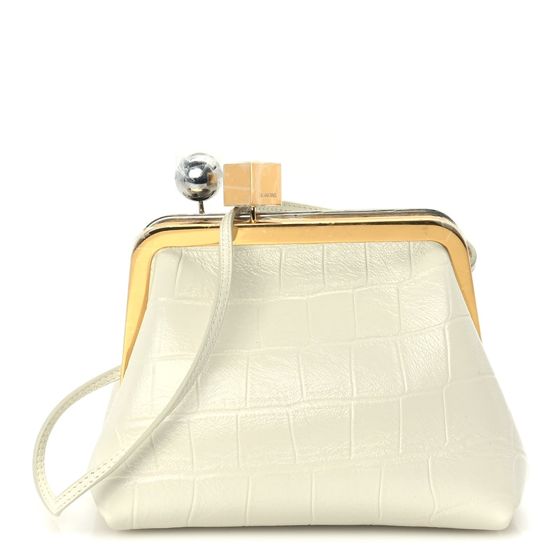  Jacquemus Calfskin Crocodile Embossed The Berlingot Clutch Light Ivory