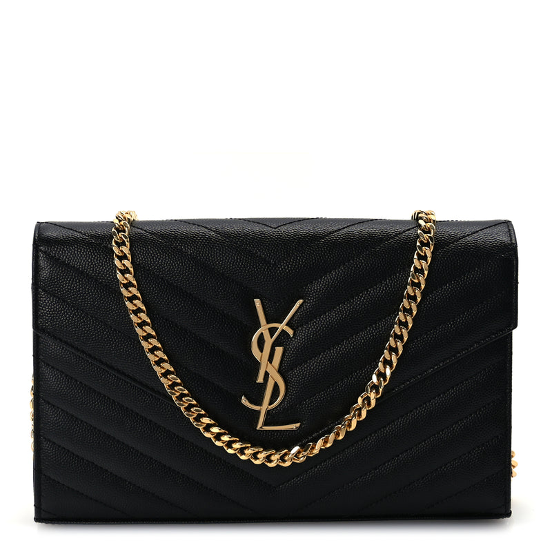  Saint Laurent Grain De Poudre Matelasse Chevron Monogram Chain Wallet  Black