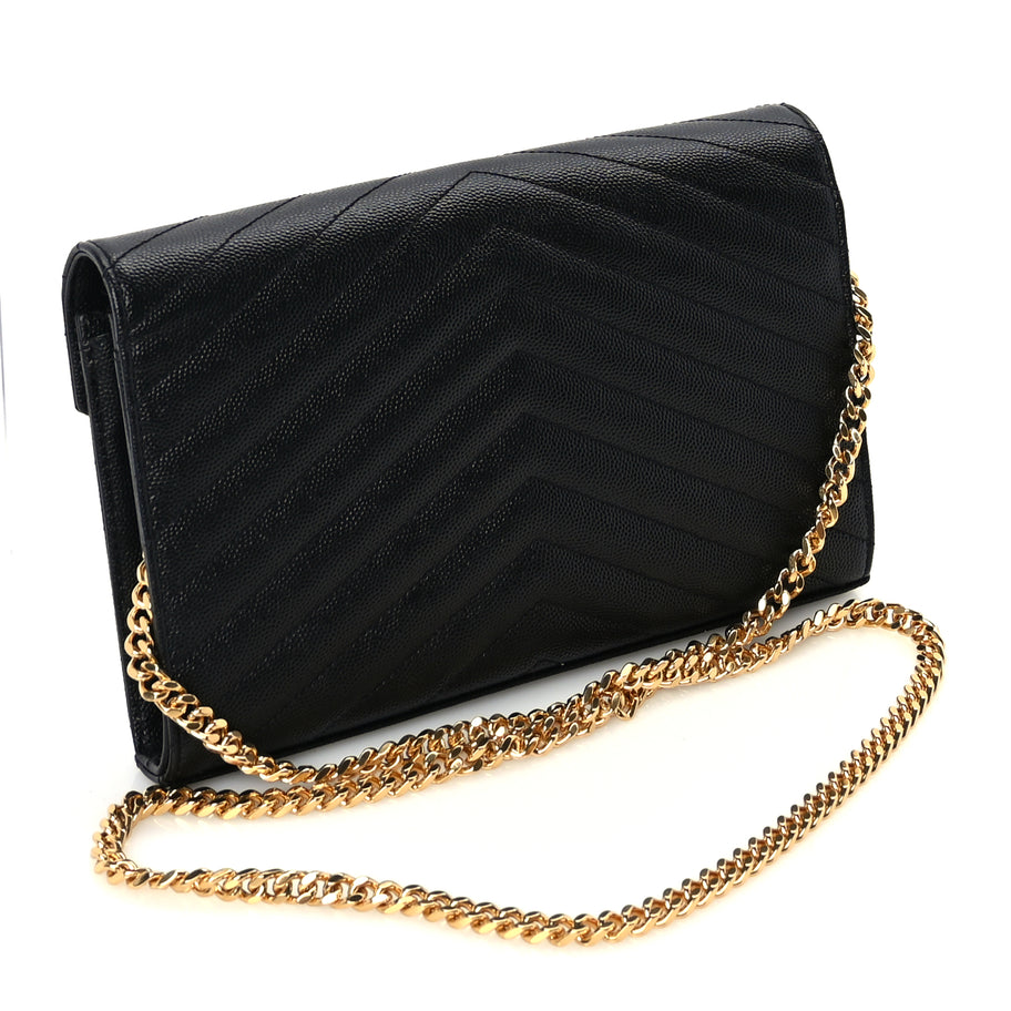 Saint Laurent Grain De Poudre Matelasse Chevron Monogram Chain Wallet  Black Image 2