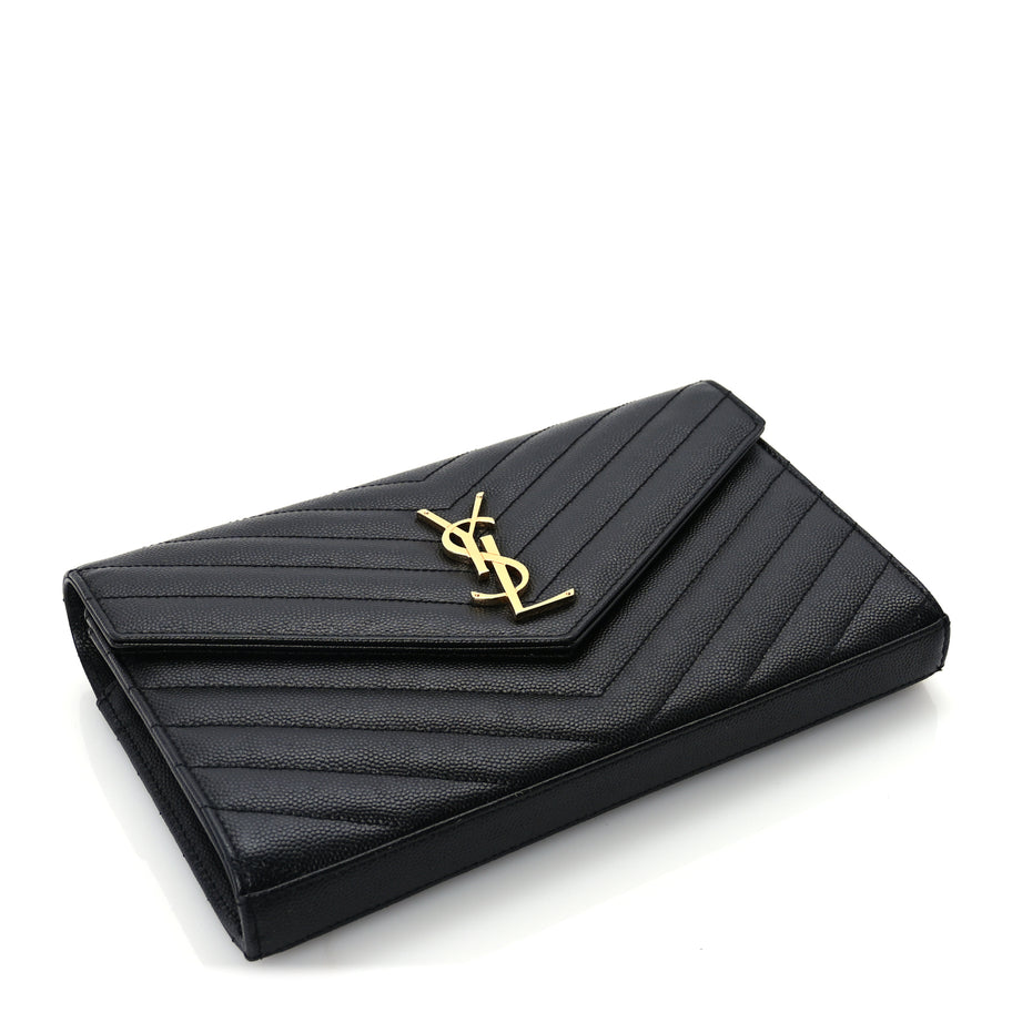 Saint Laurent Grain De Poudre Matelasse Chevron Monogram Chain Wallet  Black Image 3