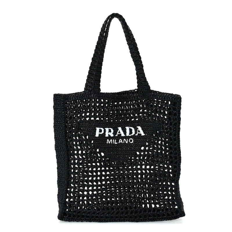  Prada Yarn Raffia Effect Crochet Logo Embroidered Tote Bag  Black